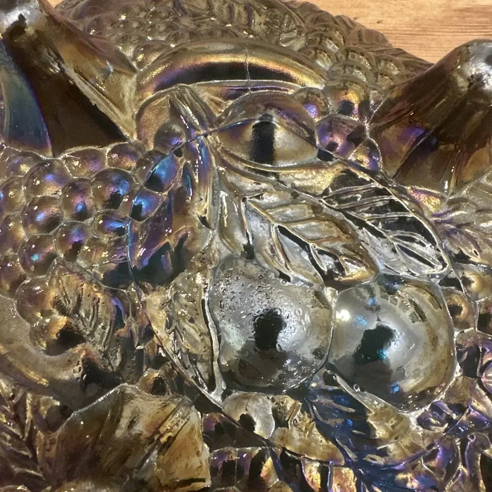 VTG Carnival Glass Blue Iridescent Purple Console Centerpiece Bowl Harvest Grape